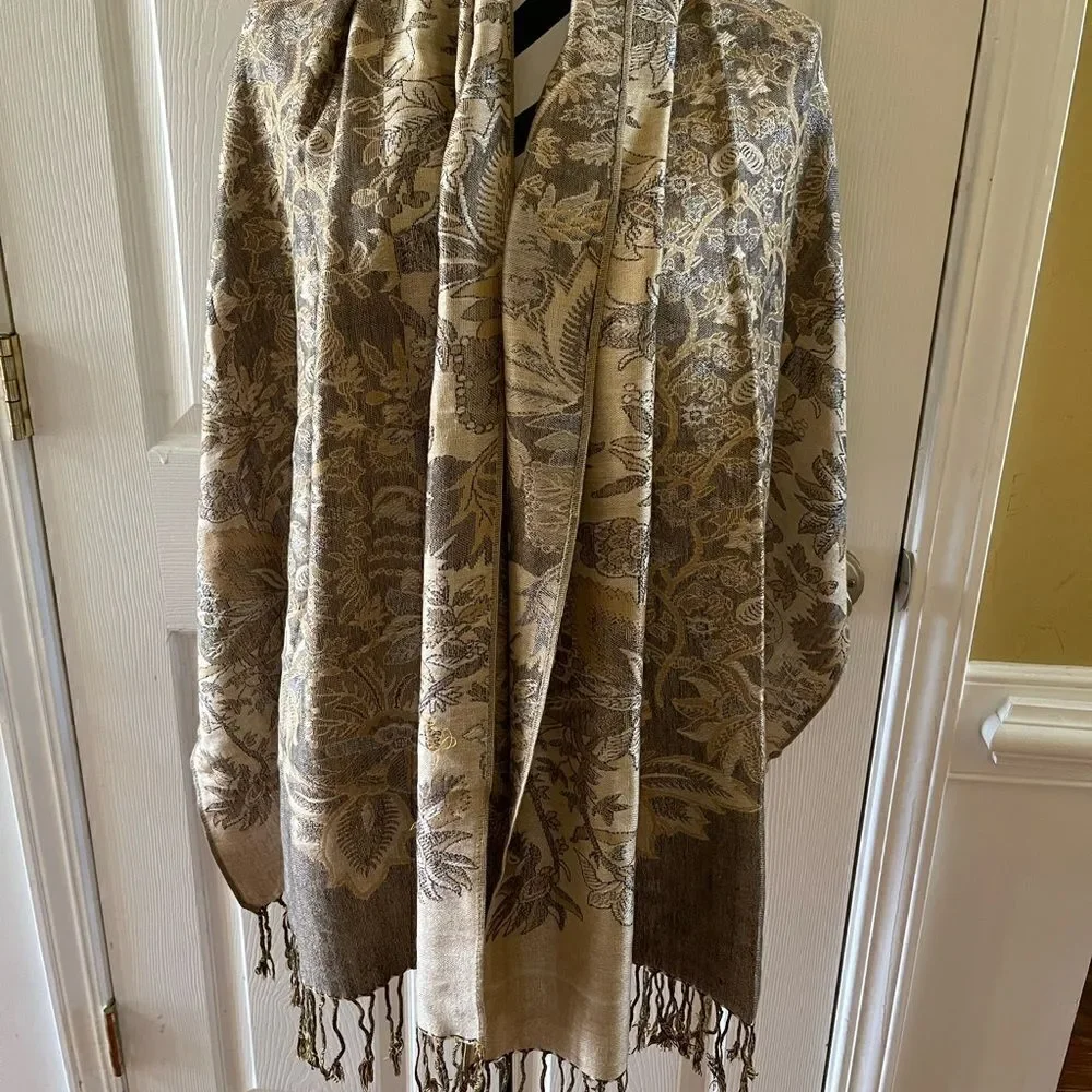 Pashmina 30%silk soft Shawl,Scarf Gold,brown with fringe length 70” with 28”
